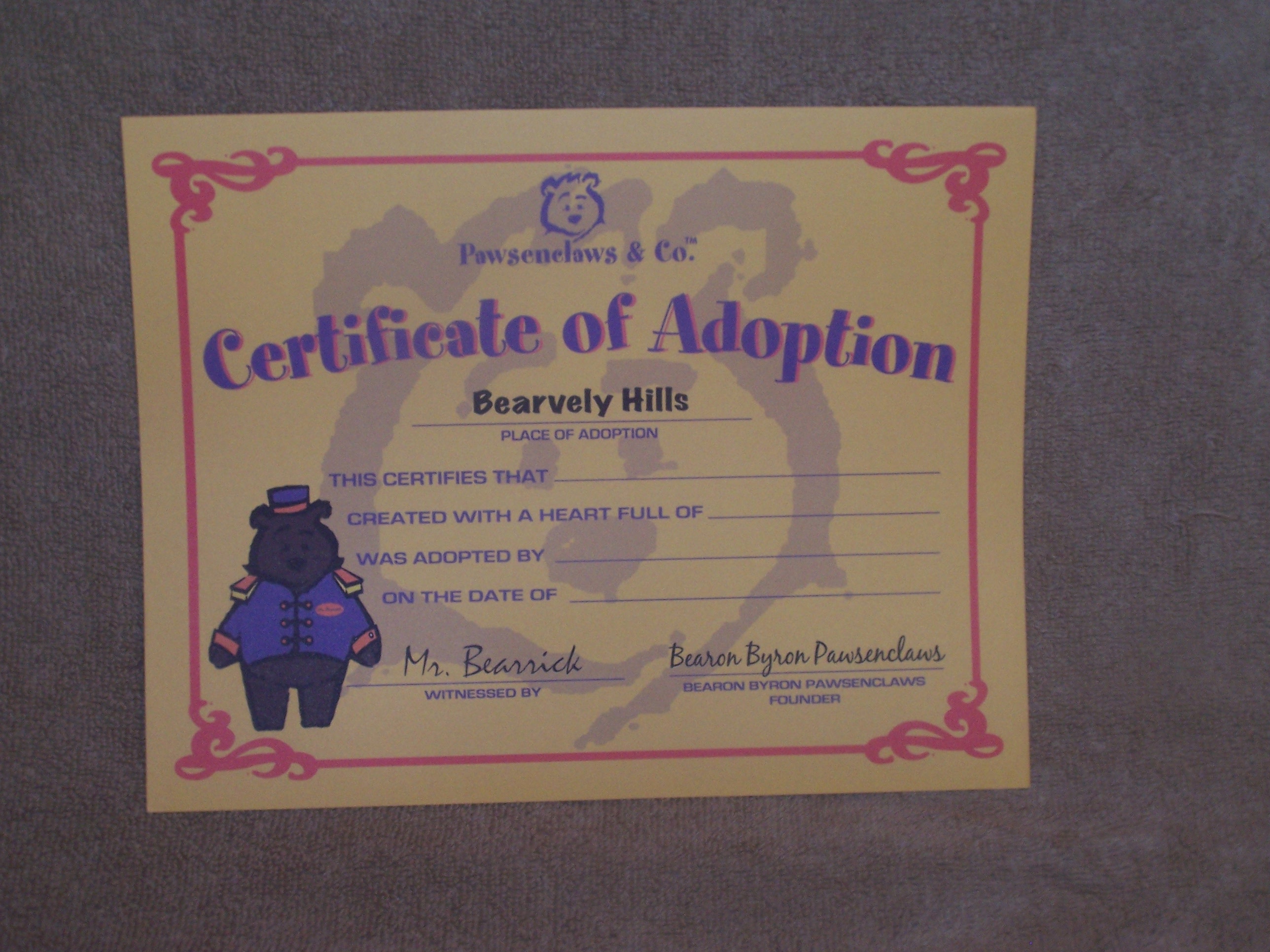 An adoption certificate comes with each bear